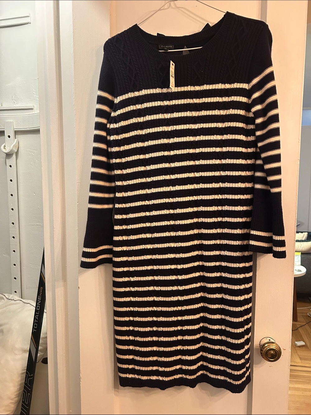 Talbots Navy and Cream Striped Cable-Knit Crewneck Sweater Dress